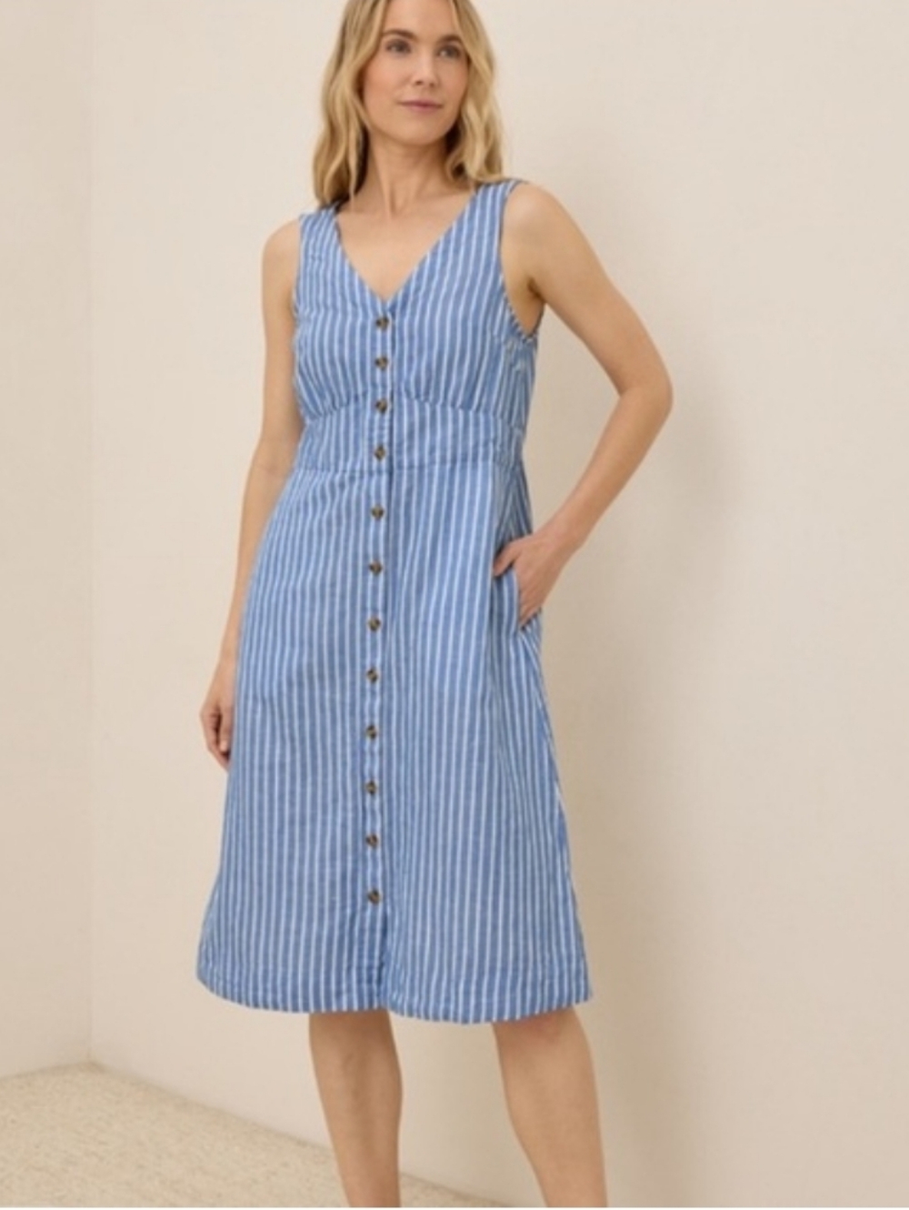 Pact Canopy Linen Button Front Blue Striped Midi Dress with Pockets XS